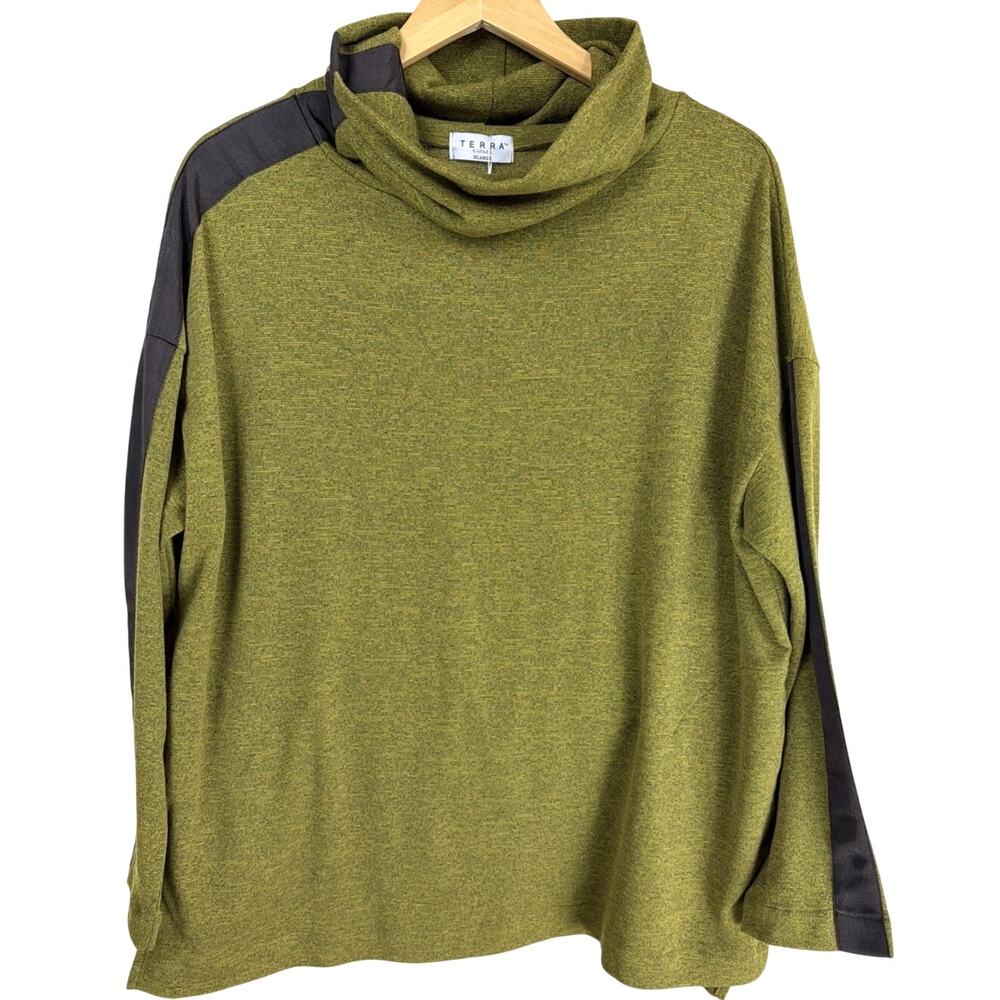 NWT Terra Marled Green Brown Webbing Cowl Neck High Low Sweater Size XL